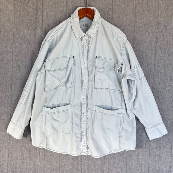 We The Free Free People 100% Cotton Corduroy Light Blue Pearl Snap Shaket Szie L - Picture 1 of 13